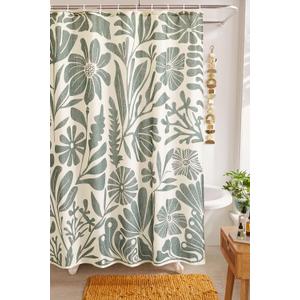 RoomTalks Vintage Floral Faux Linen Shower Curtain for Bathroom in Beige and Greenish - 210GSM Heavy Duty Modern Farmhouse Matisse Flowers Plants Botanical Shower Curtain Set Aesthetic Bathroom Decor