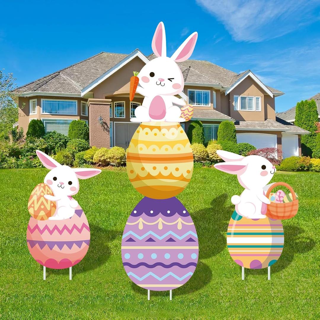 48 Inch Easter Bunny and Egg Yard Signs with Stakes - Large Bunny and Egg Stackable Designs for Outdoor Garden and Lawn Decorations for Easter Day Party Favors, Spring Holiday Celebrations