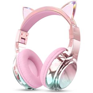 QearFun Kids Cat Ear Bluetooth Headphones, 60H Playtime, 74/85/94dB Safe Volume Limit, Metallic Gradient Wireless Headset with Mic, Fast Charging, Foldable, Wired Mode for Girls School/Tablet/Travel
