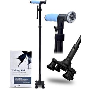 Sangohe Walking Cane - Walking Stick Adjustable, Pivot Tip Four Legs Base, Safety Light, Travel Bag - Walking Sticks for Seniors & Adults - Folding Canes for Stability, Black, 929D