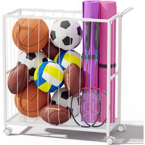 Homsorout Ball Storage Bin Rolling Sports Ball Cart, Metal Garage Organizer Sport Rack, Ball Basket Storage, Ball Cage for Garage or Gym, Indoor & Outdoor Sports Equipment Organizer white