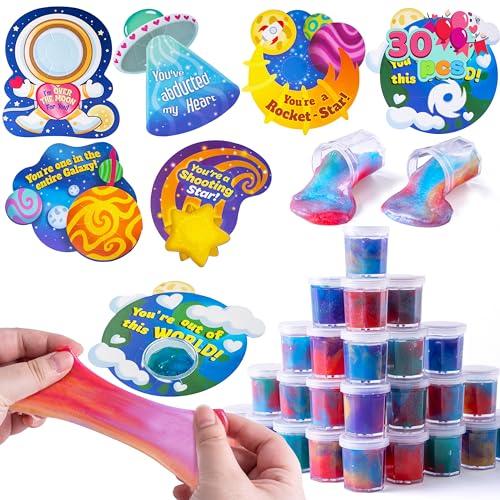 JOYIN 30 PCS Valentine Day Gift Cards with Galaxy Slime Stress Relief Fidget Toy for Kids Party Favor, Classroom Exchange Prizes, Valentines Party Favors, Greeting Cards