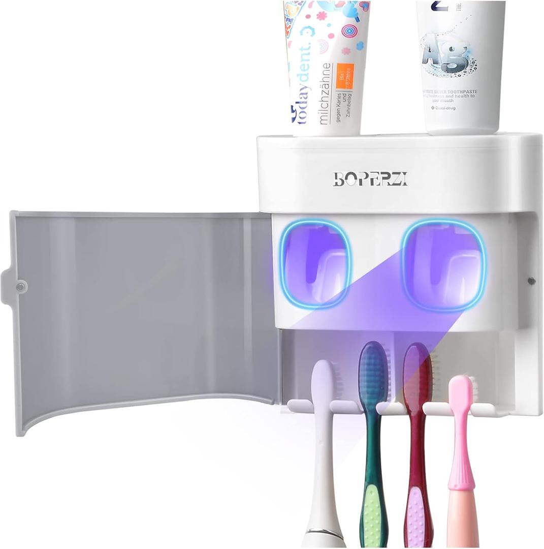 Boperzi Toothbrush Holder Wall Mounted Toothpaste Dispenser Gray Dustproof Cover for Shower Bathroom Set with 2 Toothpaste Squeezers (Not Electric)