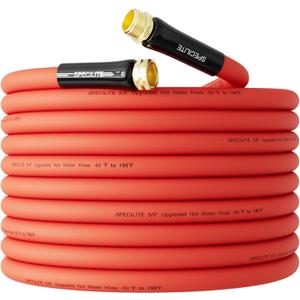 SPECILITE 5/8" Hot/Cold Rubber Garden Water Hose 50 ft, -50-190, 200psi Working, 600psi Burst, Flexible & Lightweight With 3/4" Brass Fittings for Yard, Outdoor, Farm, Agriculture, Construction, Red