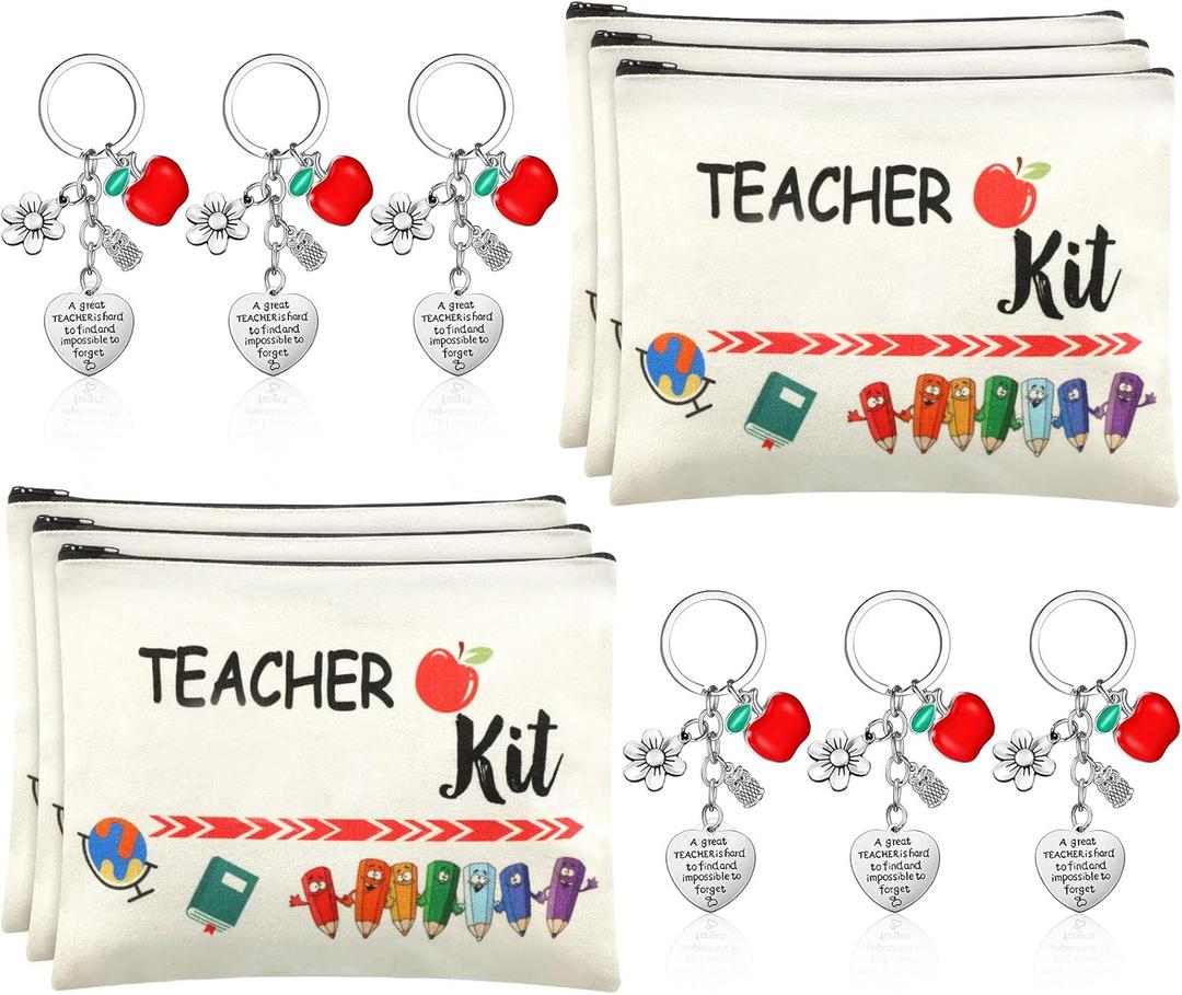 12 Pcs Teacher Appreciation Gift Bulk 6 Makeup Bags Cosmetic Pouch and 6 Keychains Valentines Graduation Gifts for Teacher Women(White,Simple Style)