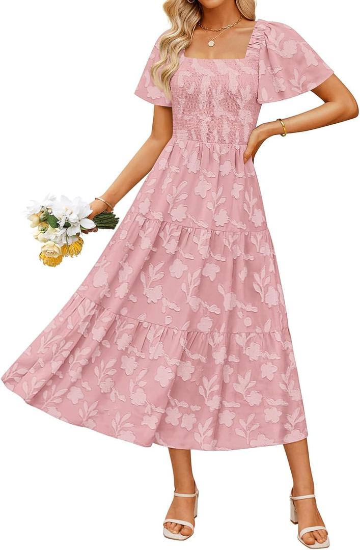 ZESICA Womens Summer Boho Floral Midi Dress 2025 Casual Short Sleeve Square Neck Flowy Beach Vacation Long Dress (Small, Pink)