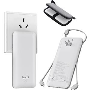 Portable Power Bank, Ultra Slim 10000mAh Portable Charger, USB C External Battery Pack with Built-in AC Plug, Charging Cable, Output Port, Compatible with All Kinds of Cellphones