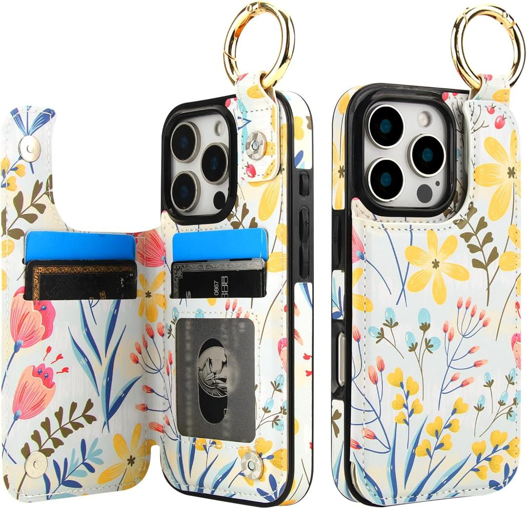 HAOPINSH for iPhone 16 Pro Wallet Case with Card Holder, Floral Flower Print Back Flip Folio PU Leather Kickstand Card Slots Case, Finger Grip Ring Double Magnetic Clasp Shockproof 6.3"