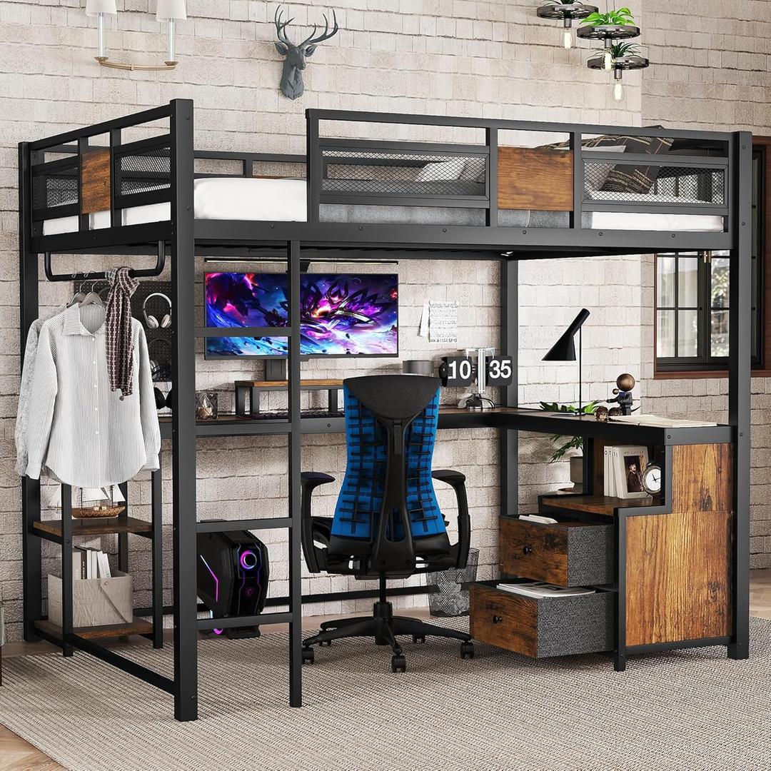 Queen Loft Bed with L-Shaped Desk and Storage Drawers, Queen Size Loft Bed Frame with Computer Monitor Stand, Corner Shelf and Hanger Rod, Adults Loft Beds Nosie-Free, Black