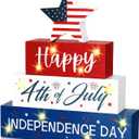 4 Pcs Happy 4th of July Table Decor Red Blue White Patriotic Wooden Sign with LED Memorial Day Decorations for Independence Day 250th Anniversary Home Tiered Tray Decor
