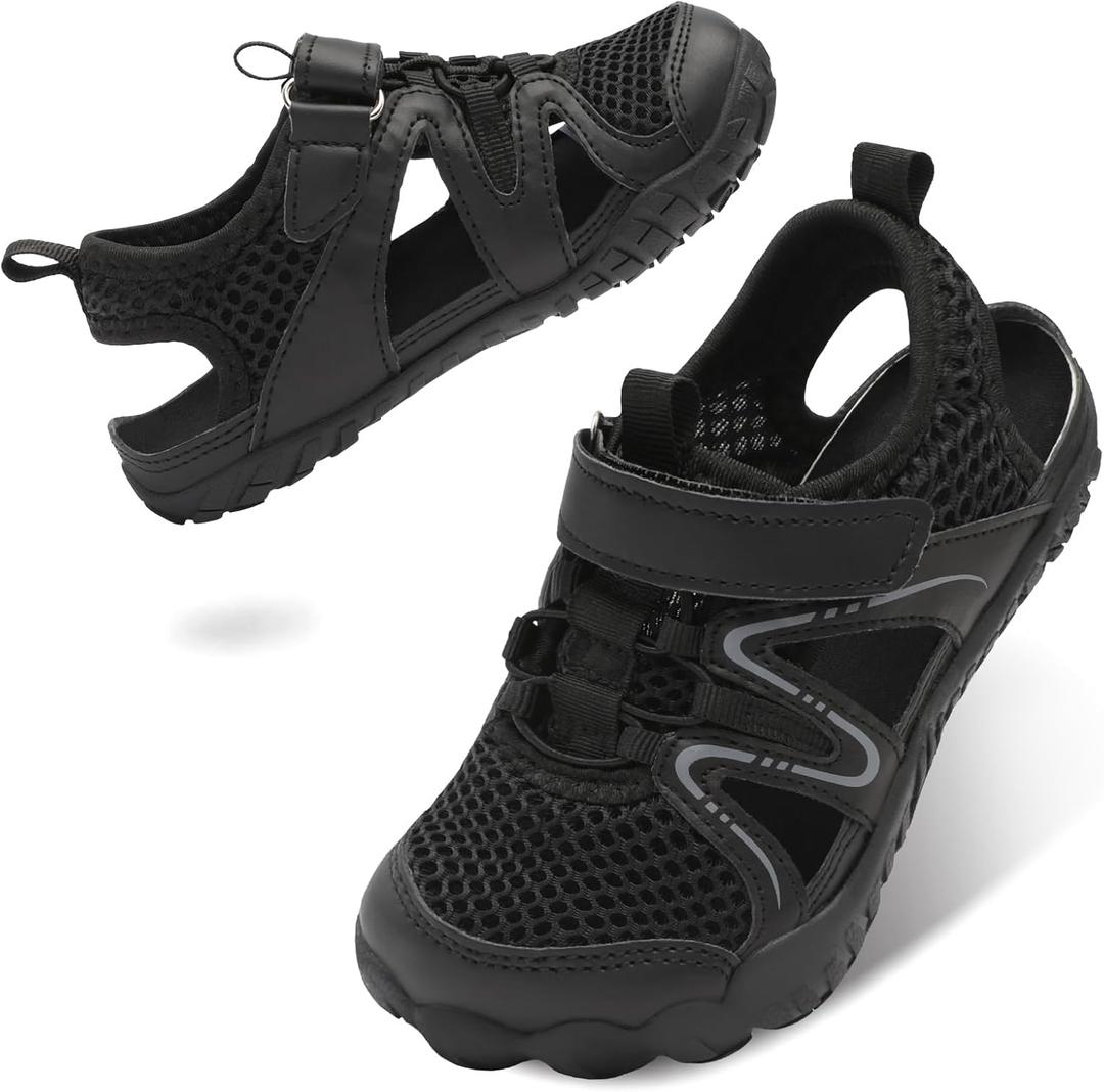 LeIsfIt Kids Sandals Boys Girls Wide Sandals Non-slip Toddler Water Sandal Shoes Lightweight Barefoot for Beach Swim Hiking (1 Big Kid, Black)