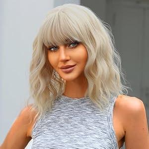 ATAYEA Blonde Wig with Bangs Short Wavy Wigs for Women Golden Blonde Curly Shoulder Length Bob Wig Synthetic fiber Wigs for Daily Party Use (14 Inch)