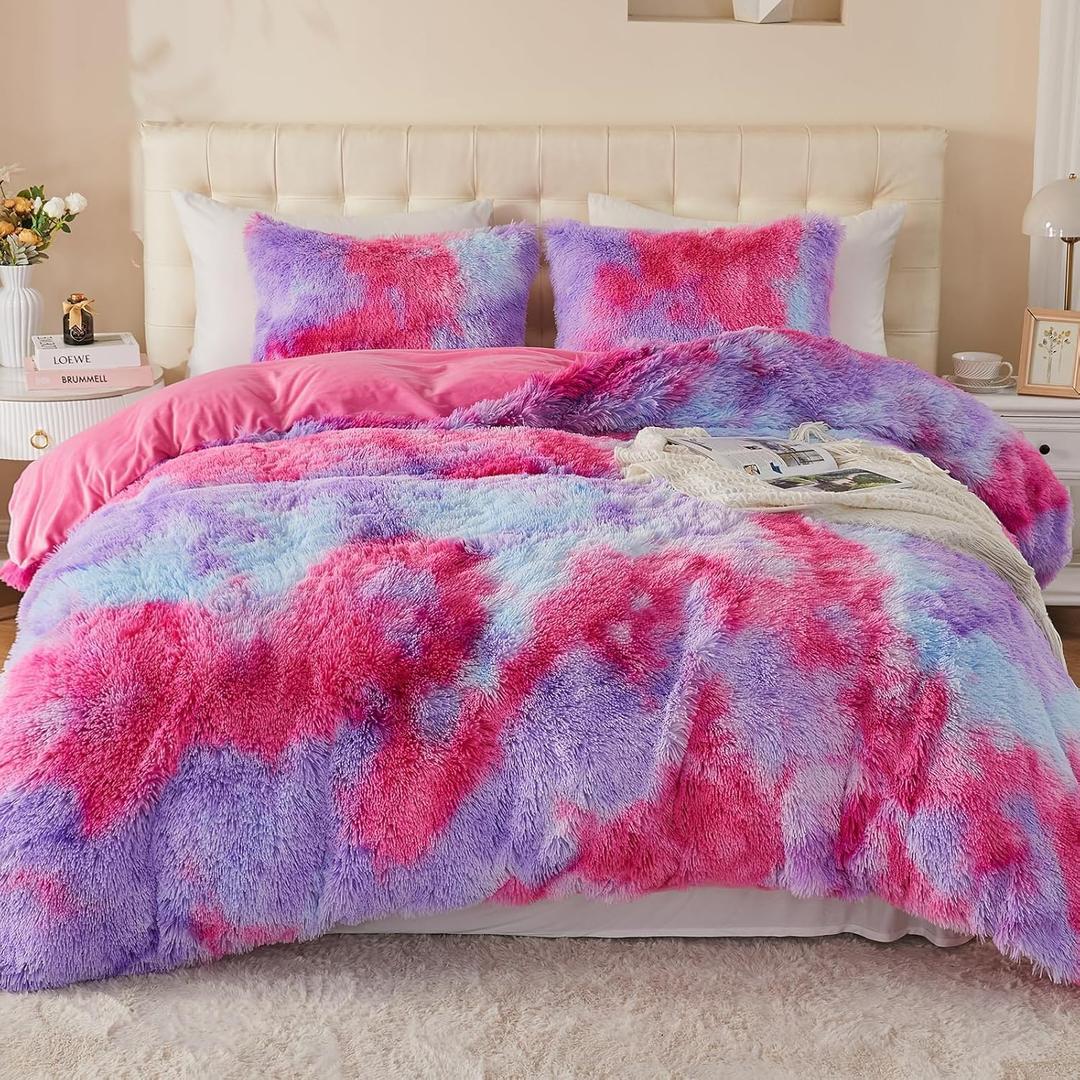 EMME Luxury Fuzzy Duvet Cover Set King Size Fluffy Comforter Cover Set for King Bed 2 Pieces Shaggy and Plush Soft Bedding Duvet Covers (Rainbow Pink Purple, King)