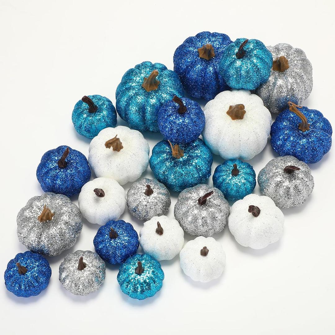 24 Pcs Thanksgiving Glitter Mini Pumpkin Decor Blue, Silver, White Small Artificial Foam Pumpkins Fall Tree Hanging Ornament Tiered Tray Decor for Autumn Thanksgiving Party Indoor Home (Bright Colors)