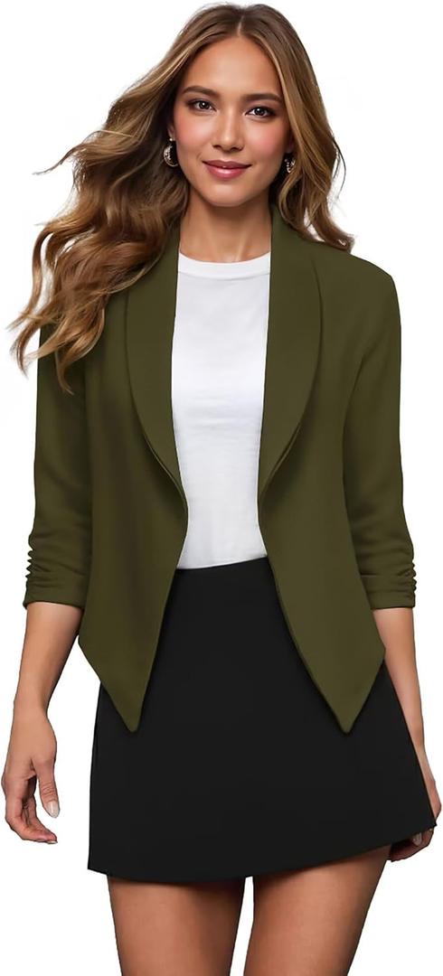 Hybrid & Company Lightweight Open Front Cardigan Classic Ruched Sleeve Work Office Blazer Suit Jackets, 2X