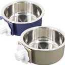 Dog Crate Bowl, Hanging Stainless Steel Removable Pet Crate Water & Food Bowls, Pet Cage Feeder Container Coop Cup for Cat Puppy Birds Rats Guinea Pigs Rabbit Hamster (2PCS) (Dark Blue/Grey)