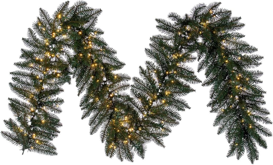 Vickerman 9' x 14" Camdon Fir Artificial Pre-Lit Garland - Warm White 3mm Low Voltage LED Wide Angle Lights - Garland for Mantel or Staircase - Holiday Prelit Garland (Green)