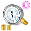 MEANLIN MEASURE 0~10Psi Stainless Steel 1/4" NPT 2.5" FACE DIAL Liquid Filled Pressure Gauge WOG Water Oil Air Lower Mount, with 1/2" NPT and 3/8" NPT Hex Bushing