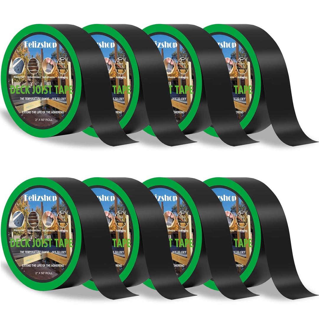 Joist Tape for Decking, 2" x 50' Butyl Deck Tape Waterproof Seal and Weather Resistance Self-Adhesive Flashing Tape,Anti-Corrosion for Wood Joists and Beams-Black (8 Roll)