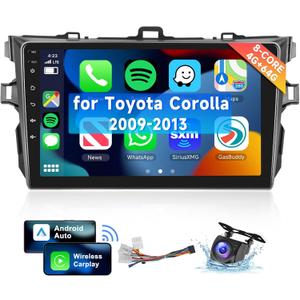 [8 CORE 4G+64G] for Toyota Corolla 2009-2013 Car Radio with Wireless Carplay/Android Auto, 9 Inch Android 13 IPS Touch Screen Car Stereo, Bluetooth, GPS Navi, WiFi, SWC, DSP + Backup Camera