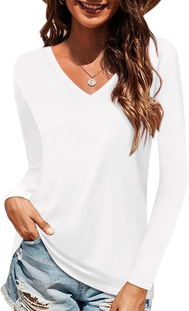 Elesomo Women Shirts V Neck Short/Long Sleeve Cotton Tops T-Shirt Basic Tees (White, XL)