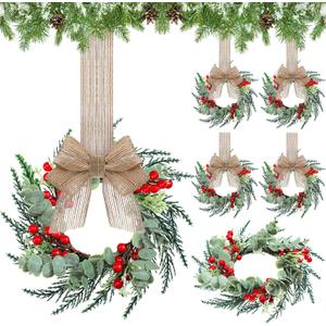 Hotop 6 Set Mini Wreaths for Kitchen Cabinet 12 Inch Small Christmas Wreath with Burlap Ribbon Red Berry and Eucalyptus Leaves for Xmas Window Front Door Fireplace Chair Farmhouse Hanging Decor