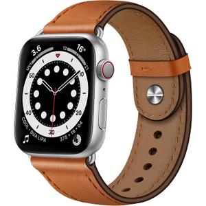 OUHENG Leather Bands Compatible with Apple Watch Band 42mm/41mm/40mm/38mm, Genuine Leather Replacement Strap for iWatch SE3 SE2 SE Series 11 10 9 8 7 6 5 4 3 2 1 (Brown/Silver)