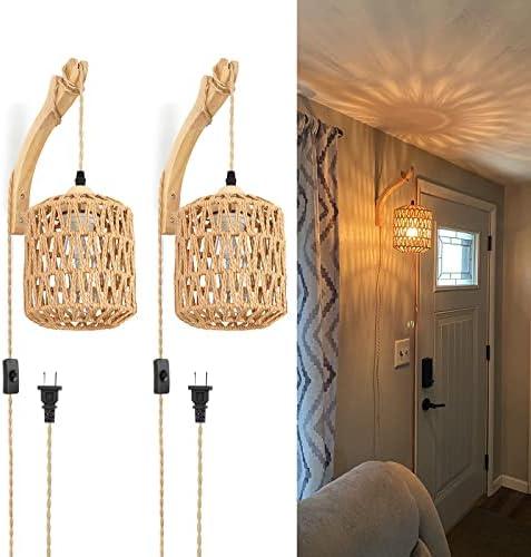 Frideko Plug in Wall Sconces Set of Two Hand Woven Lamp with Cord Rattan Lights Farmhouse Sconce Mounted Light Boho Lighting for Bedroom Living Room - Amazon.com