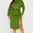 GOKATOSAU Women's One Off Shoulder Long Sleeve Split Adjustable Drawstring Ruched Midi Dress Green (Green, XL)