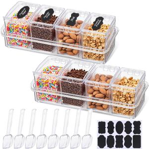 8 Pcs Ice Cream Bar Supplies, Ice Cream Toppings Bar Kit 8-cell Clear Acrylic Seasoning Spice Box with Cover Spoon and Tag, Dipping Container for Countertop, Ice Cream Sundae Toppings