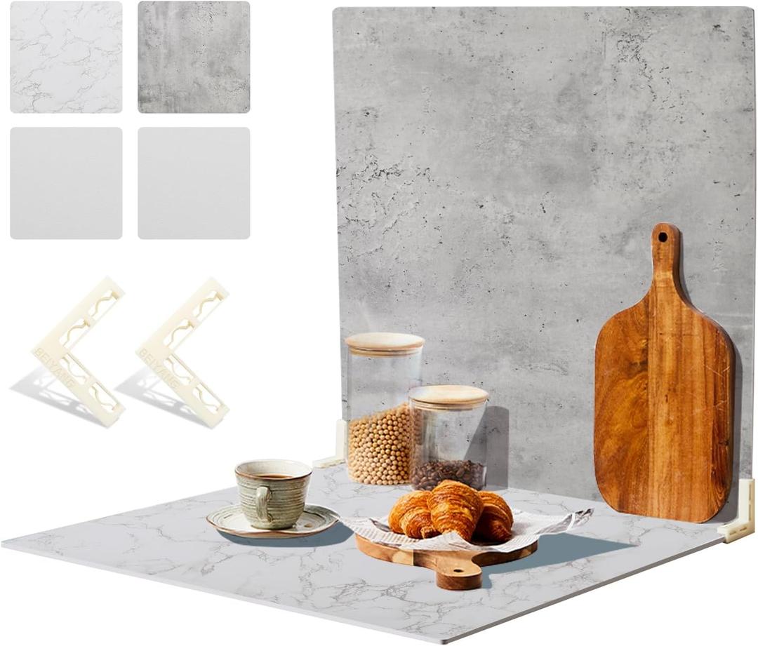 2 PCS 4 Pattern Boards Photo Backdrop for Flat Lay, Food Photography Background 24x24 Inch, BEIYANG (Marble+Light Gray)