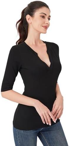 AmélieBoutik Women Deep V Neck Half Sleeve Knit Slim Fitted Tops Casual Work Solid Shirt Blouse, Large , Black 