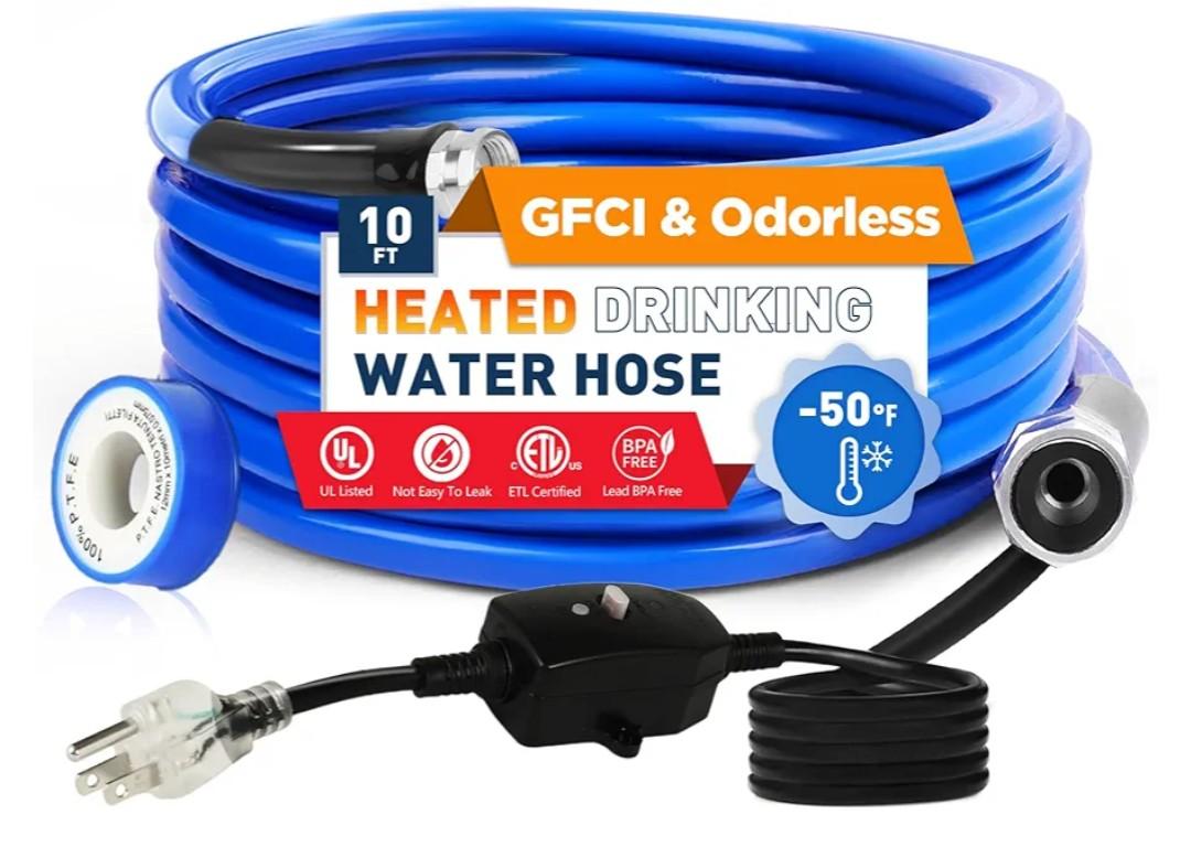 Heated Water Hose for RV 10ft, Heated Drinking Water Hose with Built-In GFCI Protection, –40°F Freeze-Proof Design, Lead-Free & BPA-Free, Includes Adapter for Camper and Garden Use