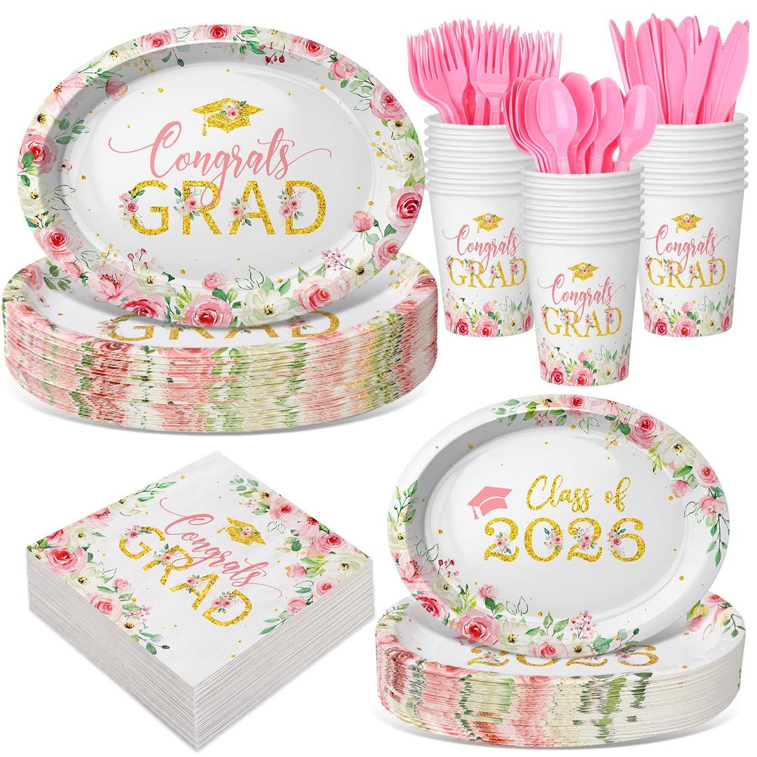 Pajean 350 Pcs Class of 2026 Floral Graduation Party Decorations 12 inch Disposable Pink Gold Floral Oval Plates Napkins Pink Heavy Duty Paper Tableware Set for 50 Guests Grad Party Supplies