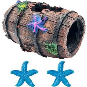 GSD Star-Fish Broken Barrel Decor Resin Betta Tank Accessories Ornaments for Cave Hide Decorations, Broken Barrel x 1pc, Blue Star Fish Ornaments x 2pcs