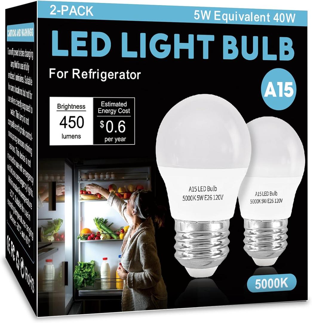 LED Refrigerator Light Bulb 2 Pack，Daylight White 5000K 120V 40W Equivalent Appliance Bulb，A15 5W E26 Base Waterproof Fridge Light Bulbs for Freezer Home Lighting,Small Light Bulb, Dimmable