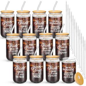 Dandat 24 Set Employee Appreciation Gifts Thank You Team Gifts Glass Cups for Staff Coworker 16oz Can Shaped Inspirational Glass Cups Bulk with Lids Straws Brushes for Teacher CNA Nurse(Various)