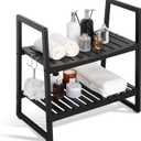 VVW 24.4 Inch Bamboo Shower Bench Seat Chair Stool with Arms for Inside Shower, Heavy Duty Spa Bath Chair with 2 Movable Hooks, Non-Slip Feet for Bathroom Accessories (Black L)
