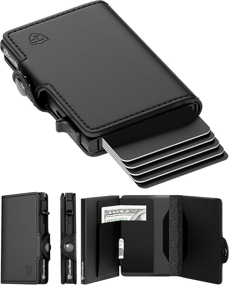 Conceal Plus Card Blocr Pop Up Wallet for Men - Slim Metal RFID Blocking Card Holder (4-6 Cards Ejector) - Minimalist Smart Front Pocket Wallet with Internal Cash + ID Storage (Black Genuine Leather)