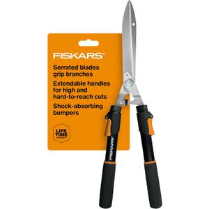 Fiskars Power-Lever Extendable Hedge Shears, Self-Sharpening Serrated Steel Blades for Clean Cuts, Handles Adjust 25"-33" for High Reach, Multiplies Leverage for 2x Power, 10" Blades, Orange/Black