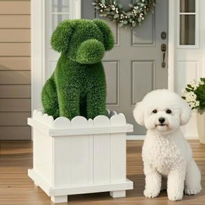 34.6" Handcrafted Artificial Dog Topiary with White Planter - Faux Boxwood Sculpture for Front Porch, Patio & Entryway Decor, UV-Resistant, No Maintenance, Indoor Outdoor, 15.7 x 15 x 34.6 inches