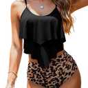 Womens Tankini Swimsuits Ruffled Tank Top Tummy Control Floral Modest Swimwear High Waisted Bikini (X-Large, Leopard)