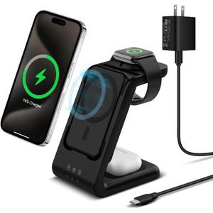 3 in 1 Wireless Charging Station: 5000mAh Removable Power Bank Charger Stand for iPhone/Apple Watch/Airpods - Portable Magnetic Battery Pack for Air 17 16 15 14 13 12 Series (Black)