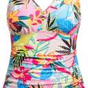 Yonique Women Plus Size Tankini Top Only Tummy Control Bathing Suit Top V Neck Swim Top No Bottom Colorful Floral 20W