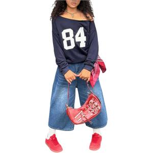 Girl's Number Jersey Sweatshirt Long Sleeve Off The Shoulder Sweatshirt Tops Pullover Streetwear (Blue)