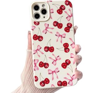 NITITOP Compatible with iPhone 11 Pro Max Case Cute Cherry Bow Ribbon Design for Women Girls Soft TPU Fit Slim Stylish Full Camera Protection Phone Cover - White