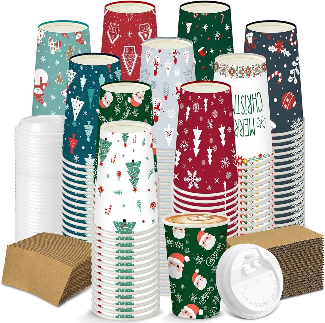 Qilery 300 Pcs Christmas Paper Coffee Cups with Lids and Sleeves Festive Christmas Disposable Hot Cups for Cocoa Chocolate Beverages Decorative Holiday Party Paper Cup(Santa,16 oz)