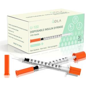 U-100 1ml/cc Disposable Insulin Syringe with 31G 5/16" (8mm) Needle | Individually Wrapped | 30 Pack