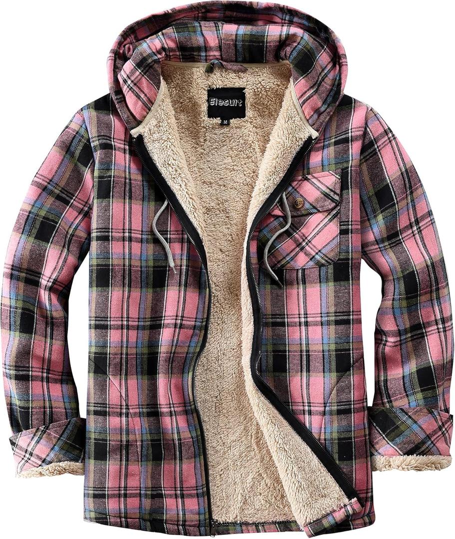 Elesuit Women's Full Zip Fleece Flannel Jacket Plaid Hooded Jackets Sherpa Lind Hoodies for Women (Medium, Pink)