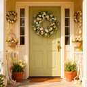 22 Inch Spring Easter Green Leaves Wreath for Front Door, Easter Bunny Wild Flower Eggs Wreath for Home Decoration, Rustic Farmhouse Lamb Ears Floral for Home